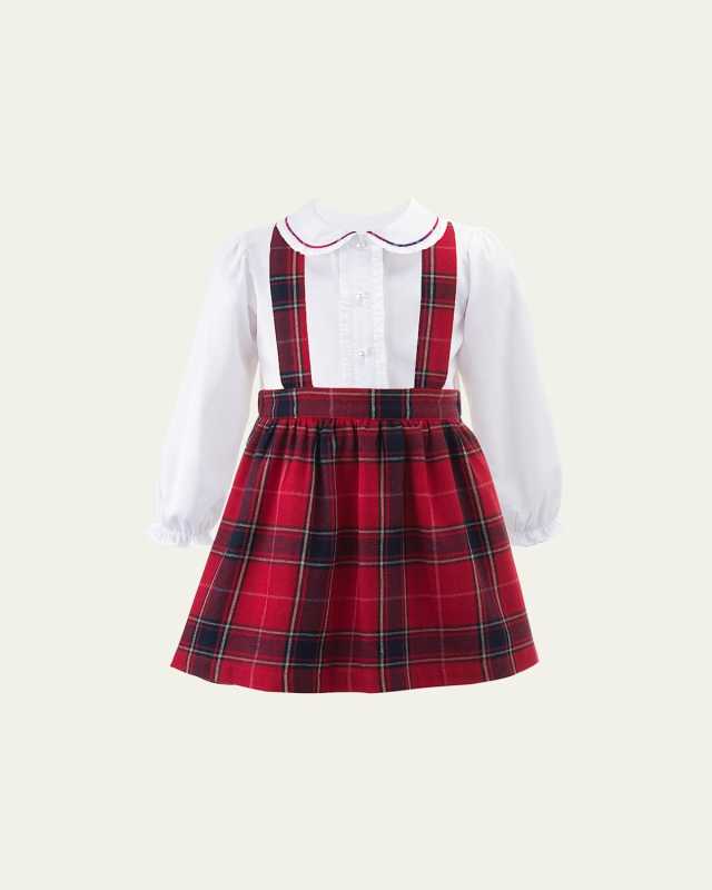 Girl's Tartan Flannel Two-Piece Pinafore Set, Size 2-10